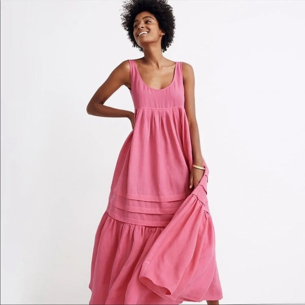 $398 Solid and Striped Empire Linen Maxi Dress Pink Fuschia Tiered Long Sun XS